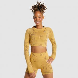 Camiseta Gymshark Adapt Camo Seamless Long Sleeve Crop Savanna | 37KCHLGFP