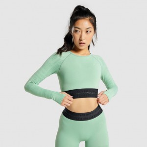 Camiseta Gymshark Vision Long Sleeve Crop Verde | 32UZNXOFP