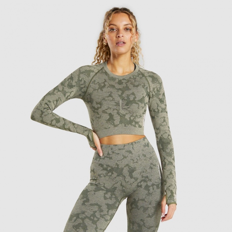 Camiseta Gymshark Adapt Camo Seamless Long Sleeve Crop Verde | 12GYCDXOW