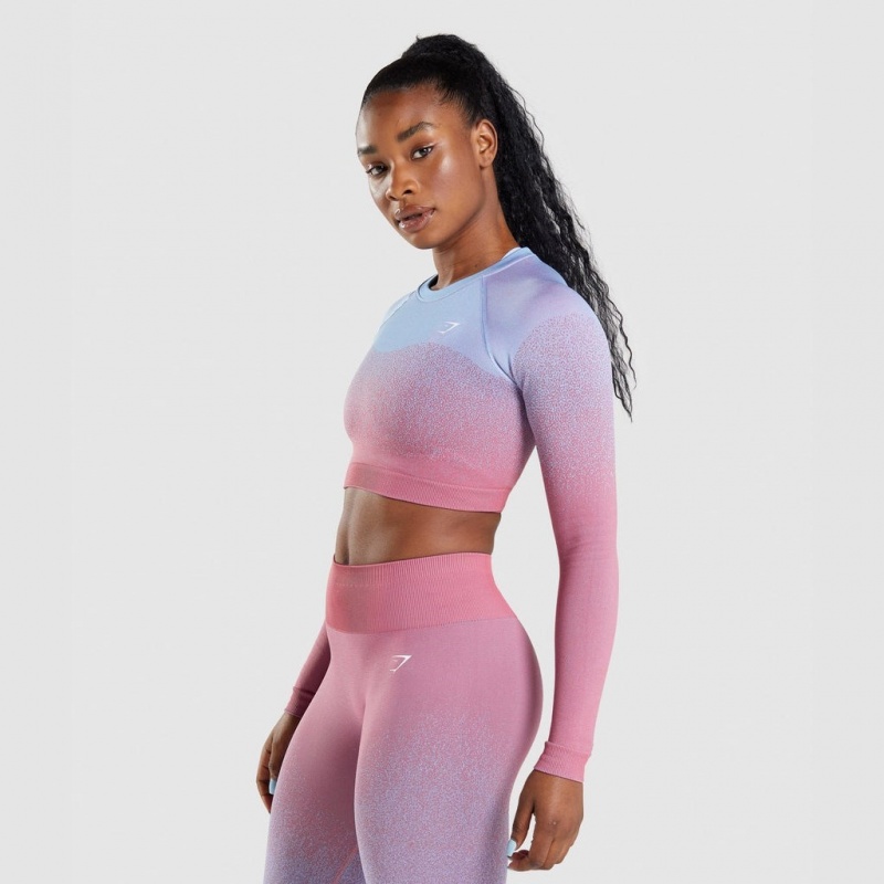 Camiseta Gymshark Adapt Ombre Seamless Long Sleeve Crop Rosas Rosas Azules Claro | 86TGPEIVJ
