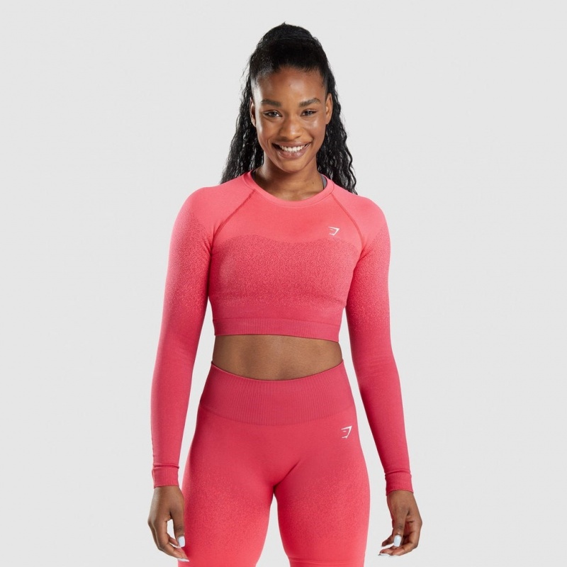 Camiseta Gymshark Adapt Ombre Seamless Long Sleeve Crop Rosas Rojas | 93URCFMVE