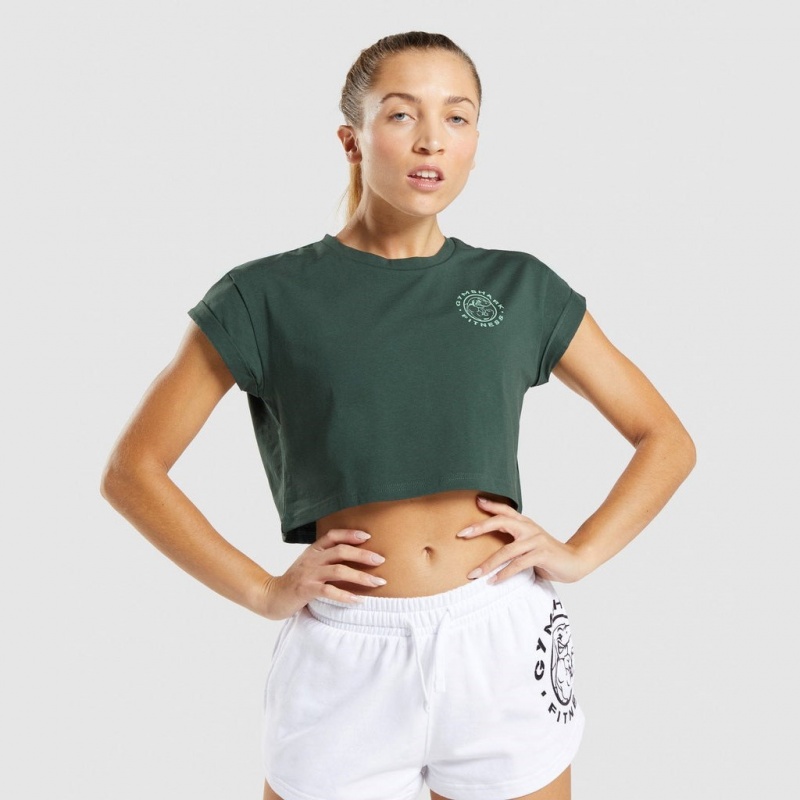 Camiseta Gymshark Legacy Estampadas Crop Verde Oscuro | 89QFNODEU