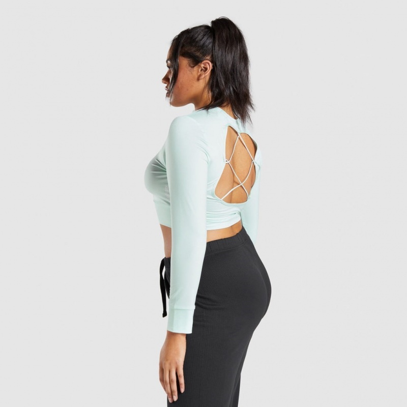 Camiseta Gymshark Pause Open Back Long Sleeve Crop Verde Claro | 73ZYLHPMU