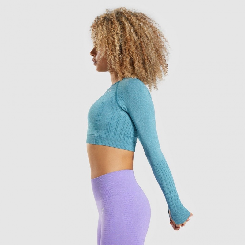Camiseta Gymshark Vital Seamless 2.0 Long Sleeve Crop Tahoe Teal Marl | 19ENOLKGH