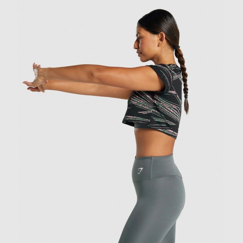 Camiseta Gymshark Zone Estampadas Crop Negras Verde | 16XCUVMAW